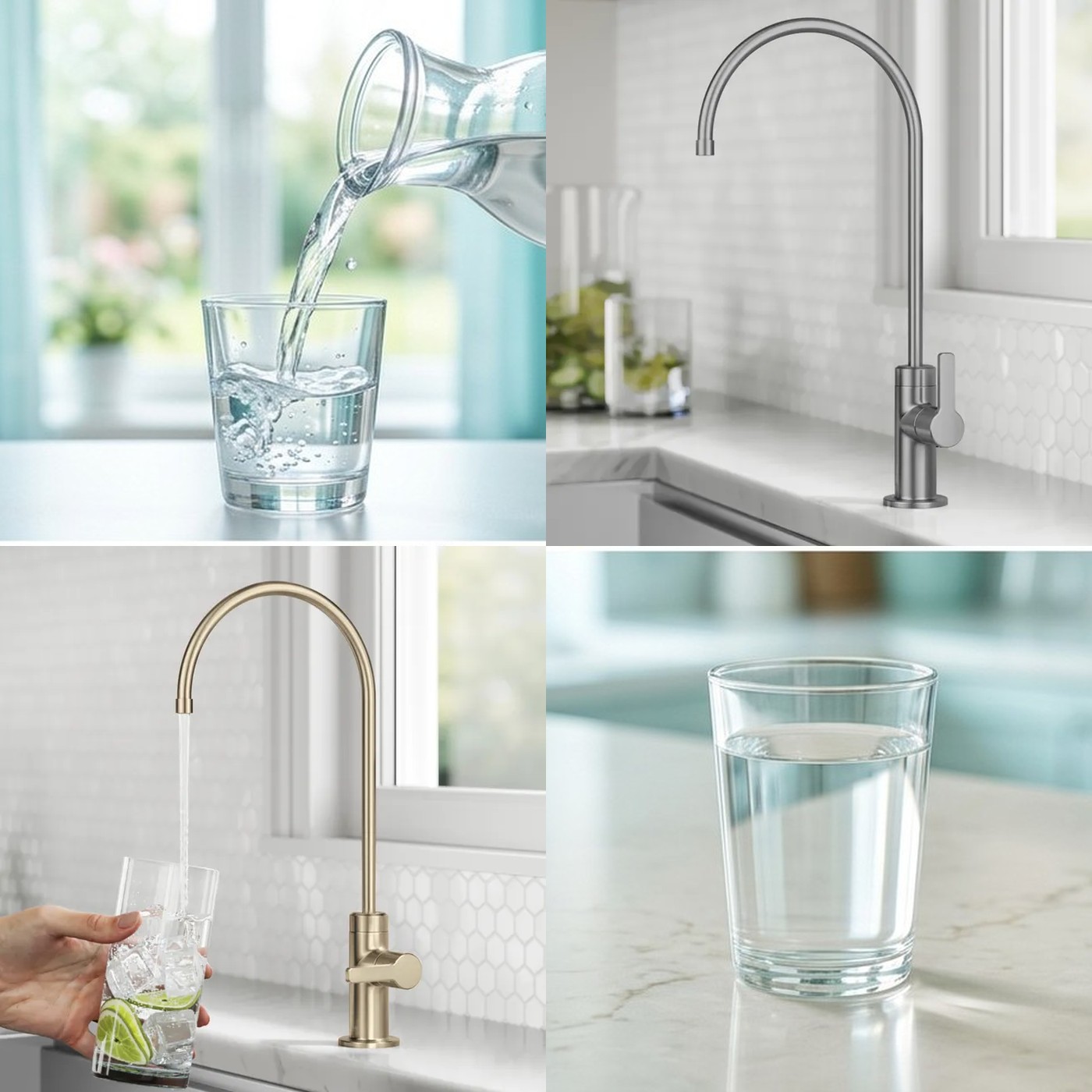 A clear glass of fresh water on a pale stone countertop